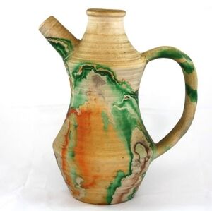 Vintage NEMADJI Art Pottery Pitcher Swirled Marbled orange and green unique